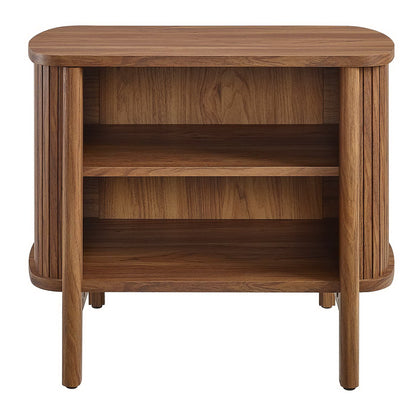 Walnut-finish wooden nightstand with rounded edges and two interior shelves for bedroom storage.