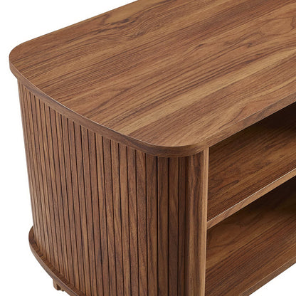Walnut-finish wooden open nightstand with a rounded front edge, vertical slats on the sides, and two open shelves.