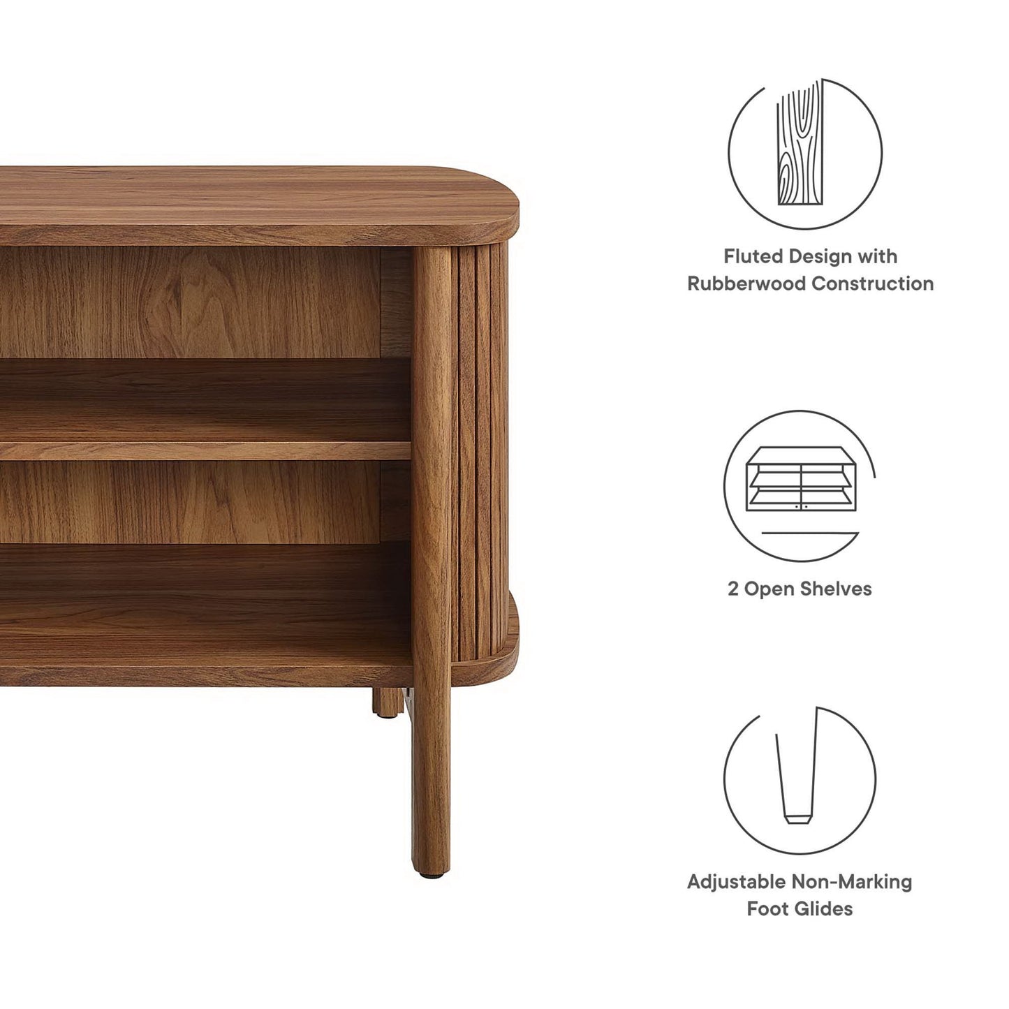 Walnut-toned rubberwood open nightstand with fluted detail, 2 open shelves, rounded edges, and adjustable non-marking foot glides.