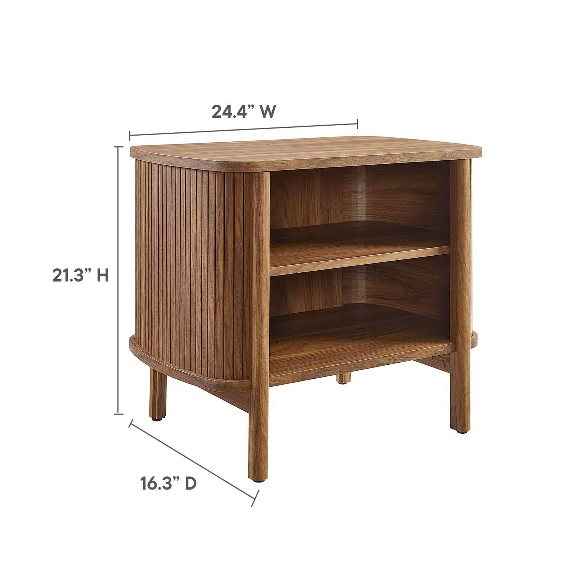 Walnut wood nightstand with rounded edges, slatted sides, two open shelves, raised legs, 24.4W x 21.3H x 16.3D.
