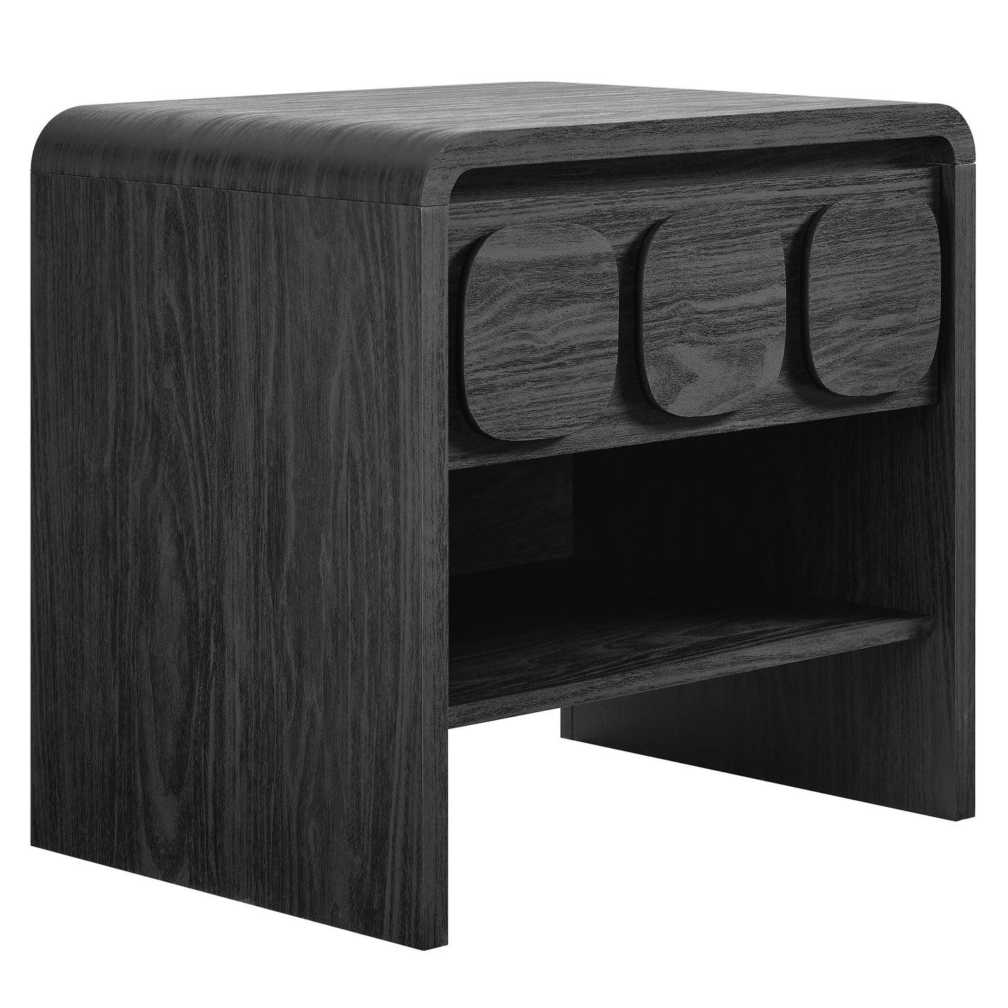 Black wood nightstand with rounded drawer fronts & an open lower shelf; compact modern bedside table.