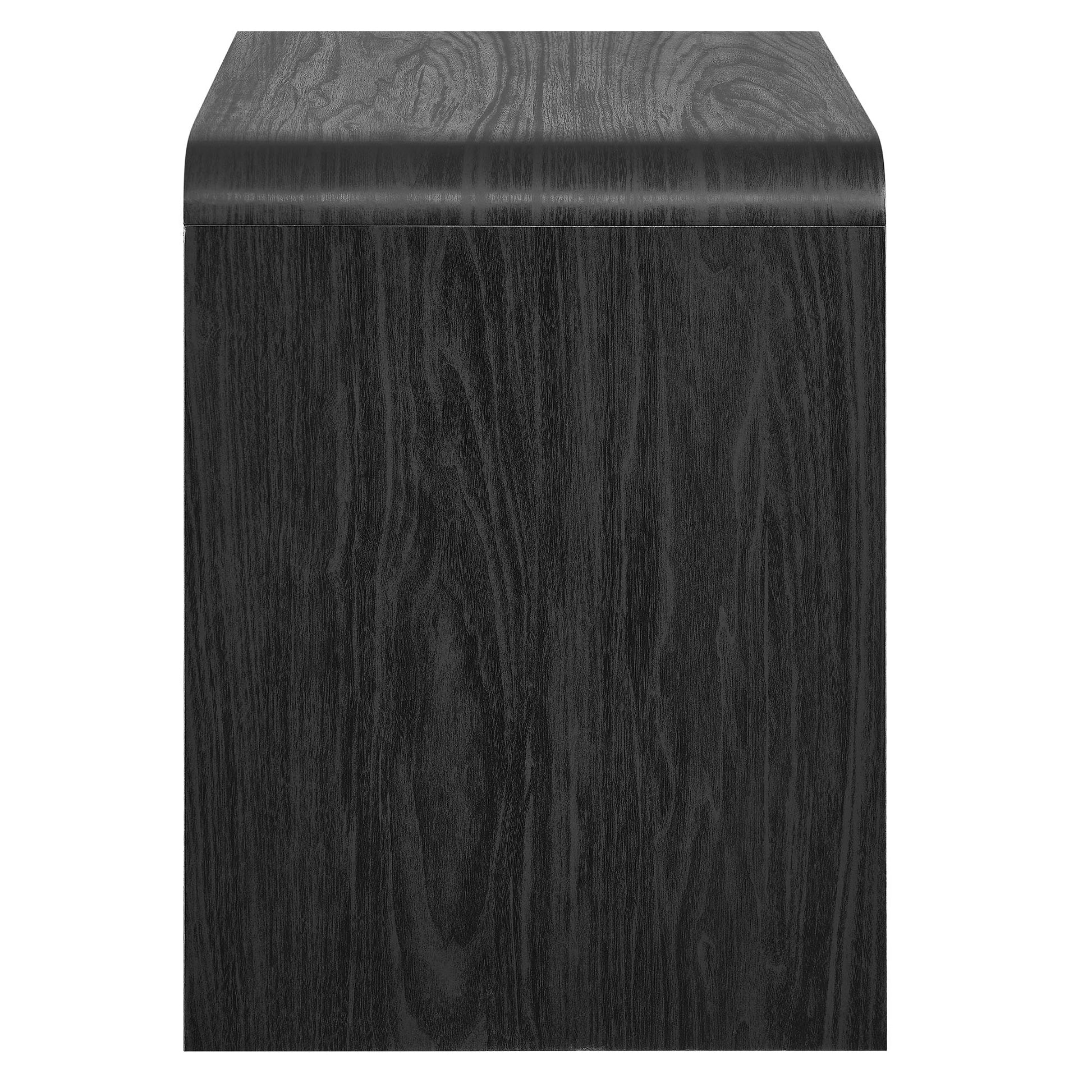 Dark wood nightstand with curved top edge and 1 drawer, black finish.