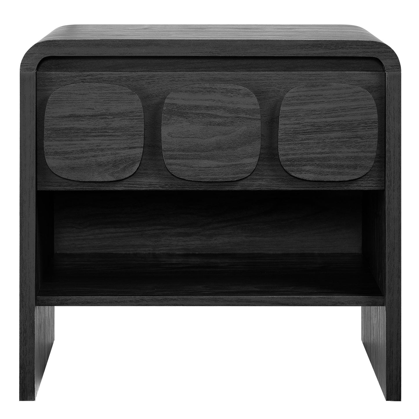 Dark wood nightstand with one drawer and open lower shelf; mid-century modern style.