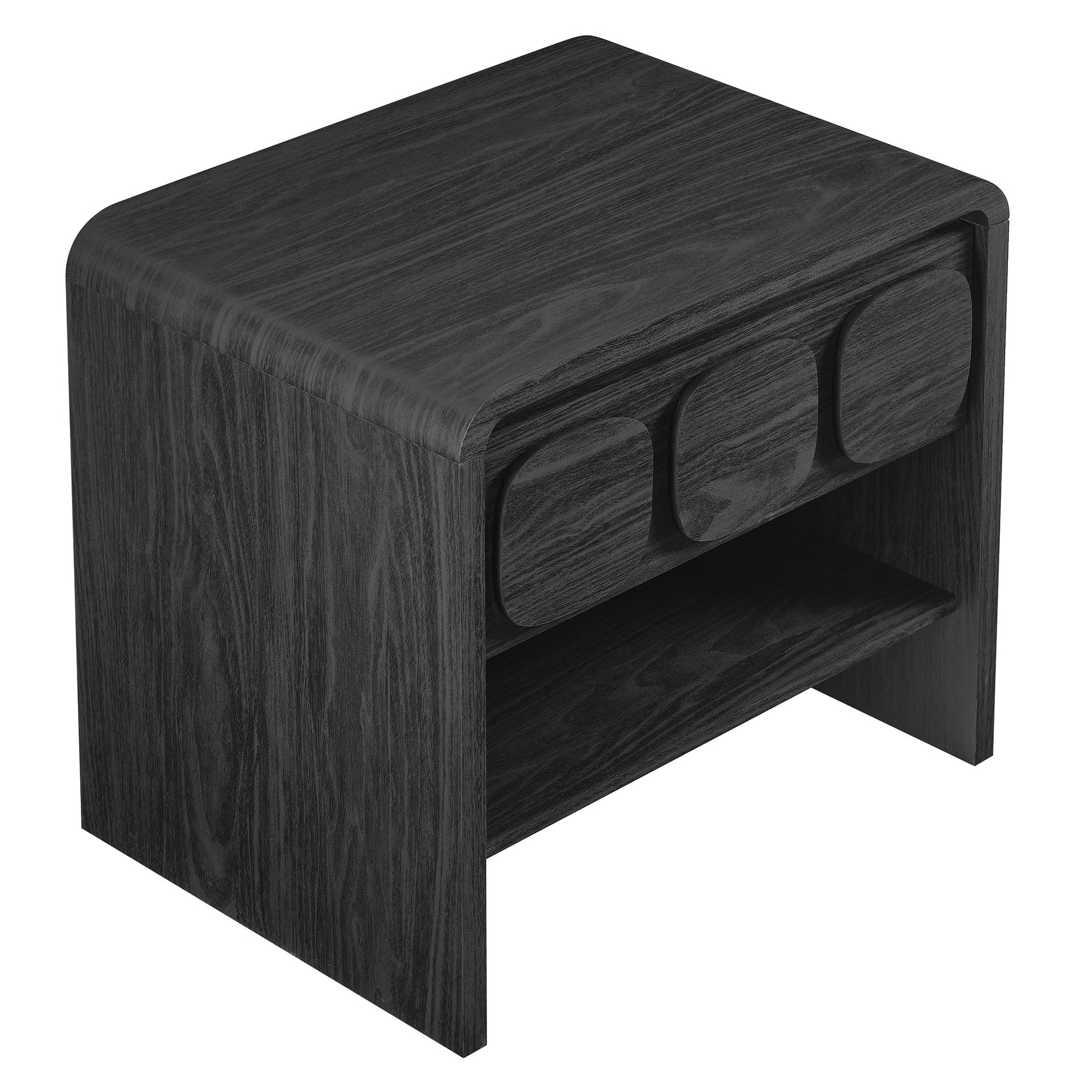 Black wood nightstand with one rounded-front drawer and an open lower shelf.