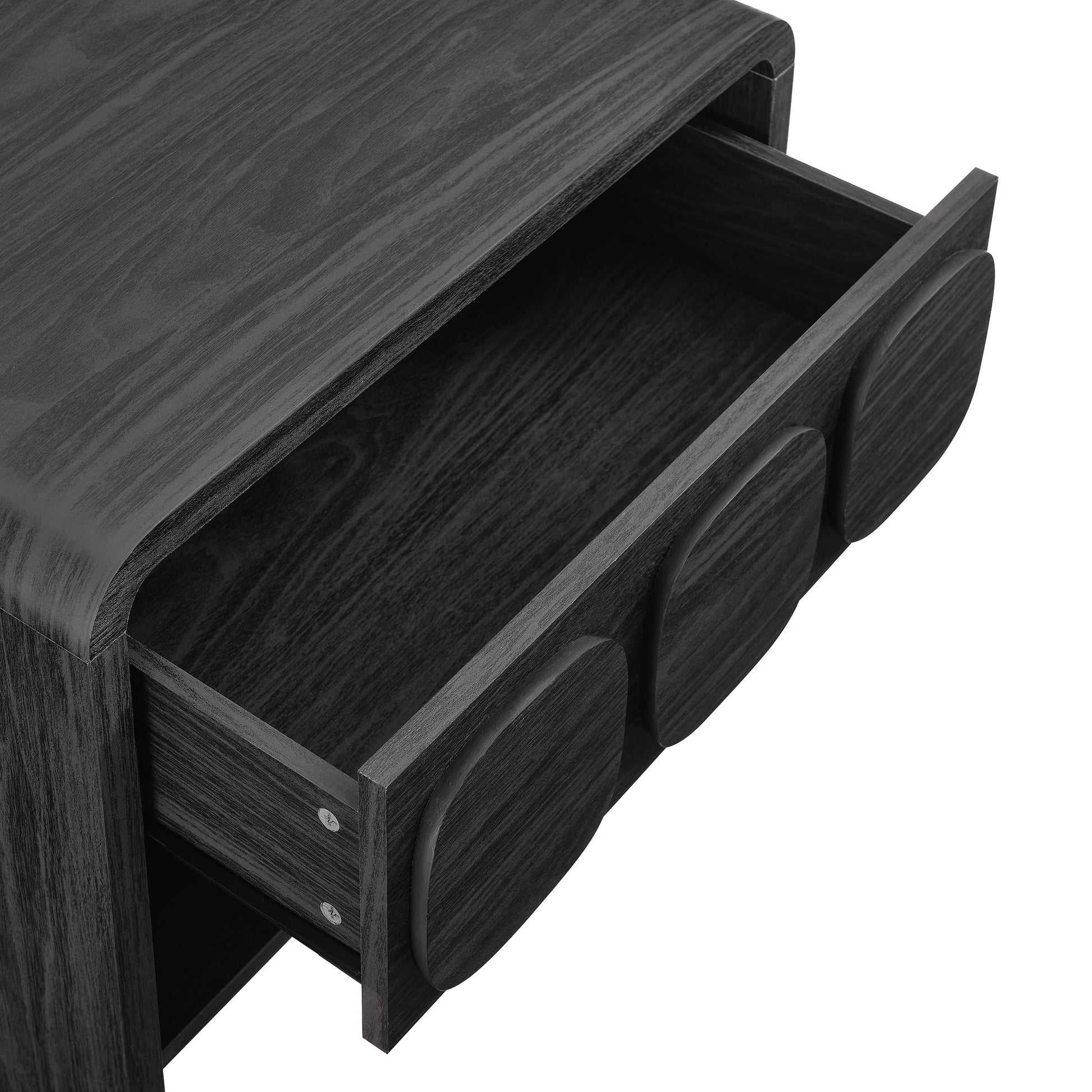Dark black wood nightstand with a single round-front drawer.