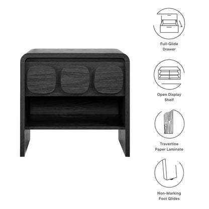 Dark wood nightstand with one drawer above an open display shelf, rounded corners and non-marking feet.