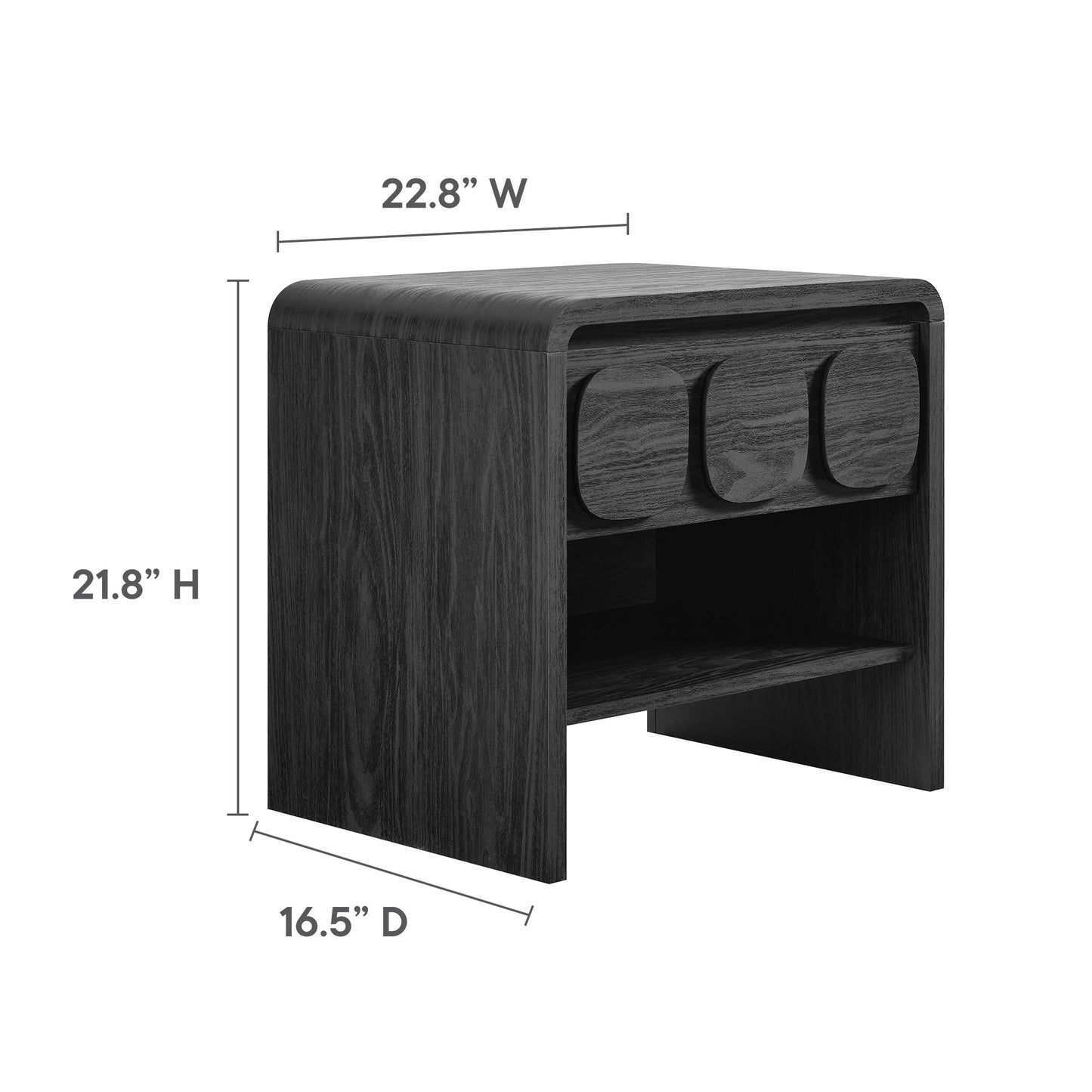 Dark wood Toscana nightstand with curved front, three round drawer knobs and an open lower shelf.