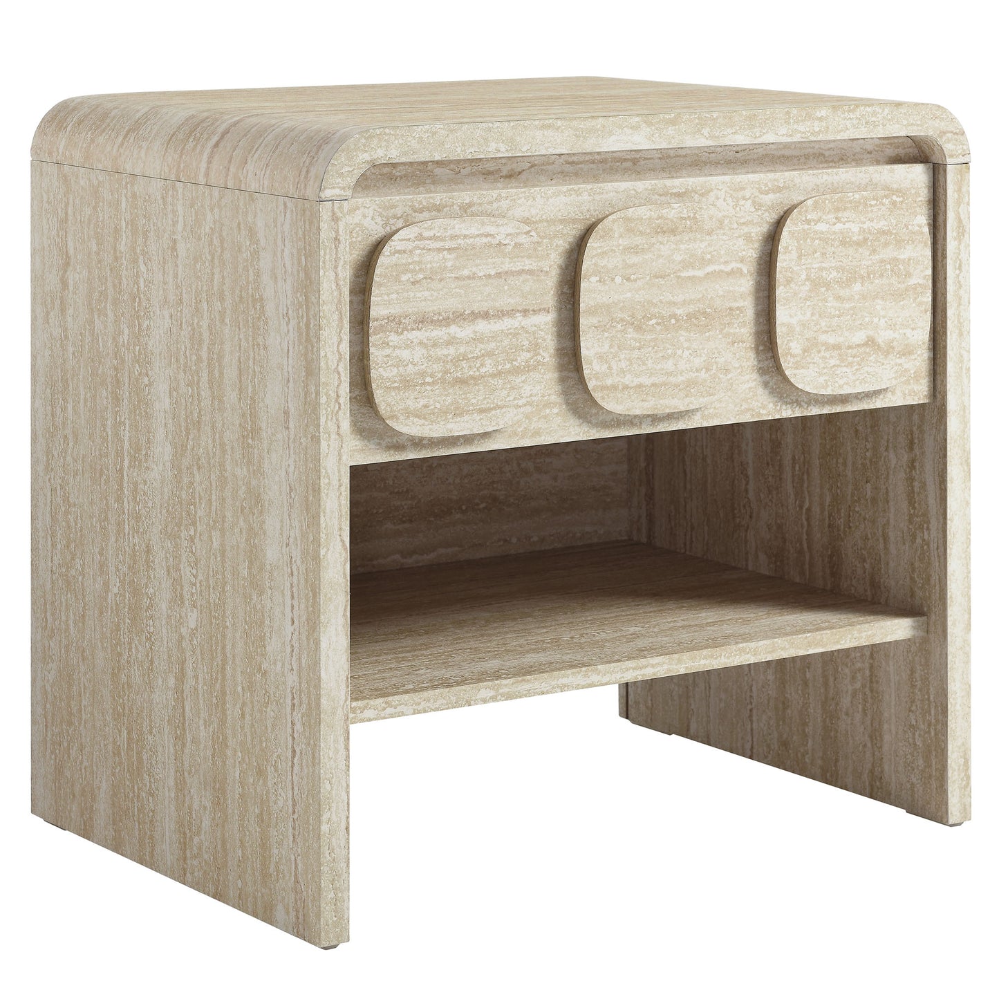 Light wood nightstand with one rounded-front drawer and an open lower shelf.