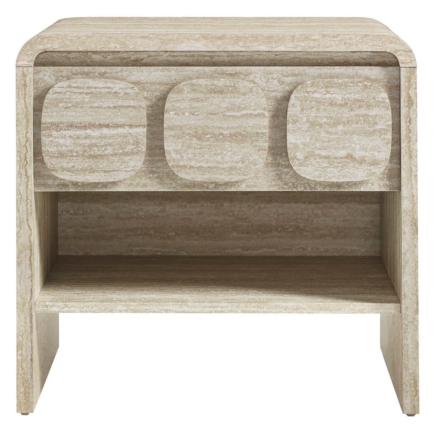 Brown stone-look nightstand with a rounded front and a single drawer featuring three circular cutouts on the front, plus an open lower shelf.