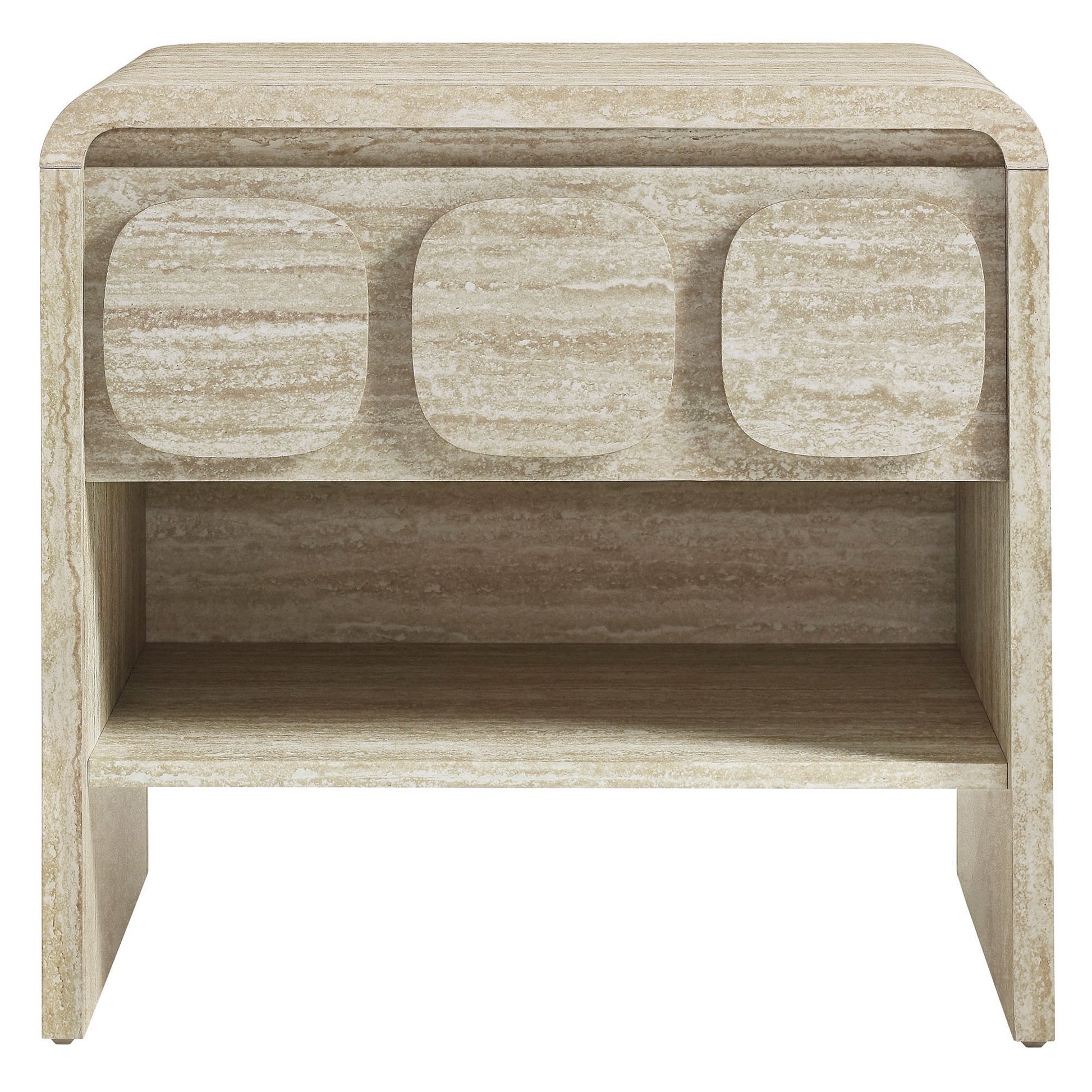 Brown stone-look nightstand with a rounded front and a single drawer featuring three circular cutouts on the front, plus an open lower shelf.