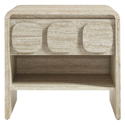 Brown stone-look nightstand with a rounded front and a single drawer featuring three circular cutouts on the front, plus an open lower shelf.