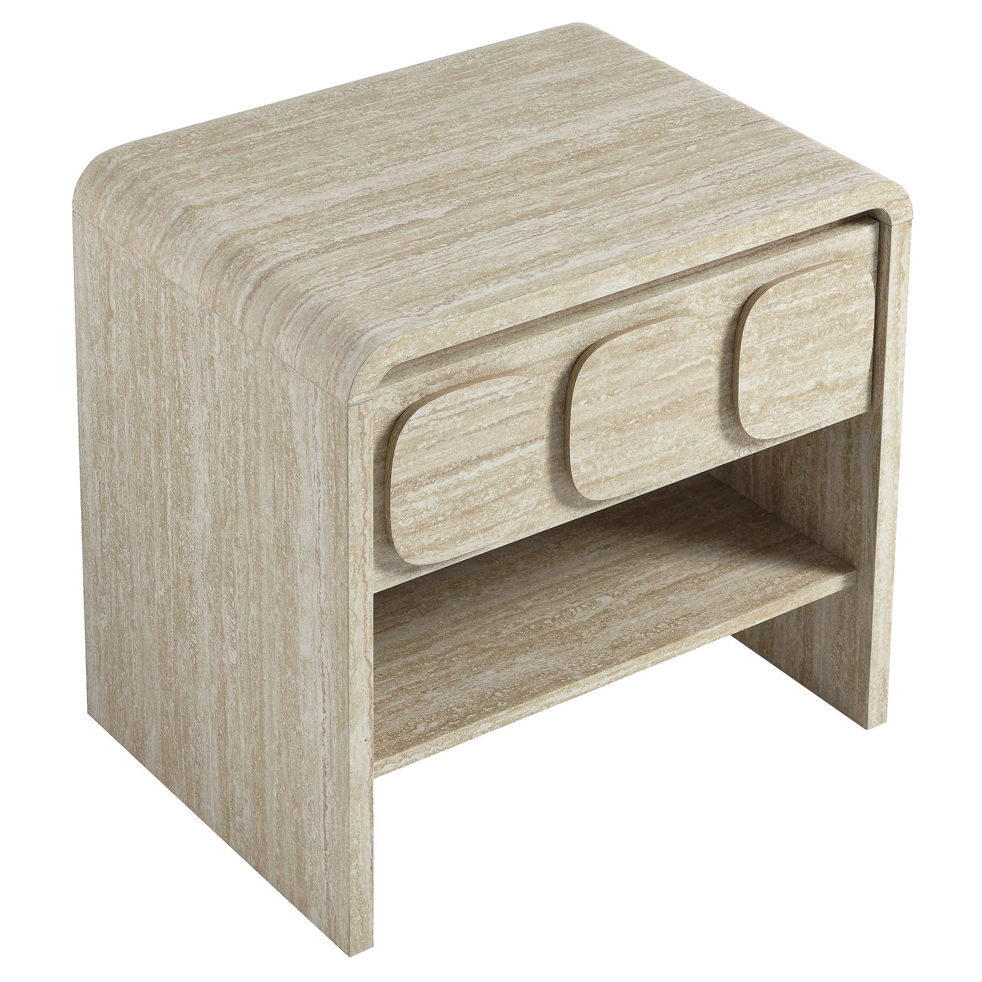Light natural wood nightstand with a single rounded-front drawer and an open lower shelf, modern minimalist bedside storage.