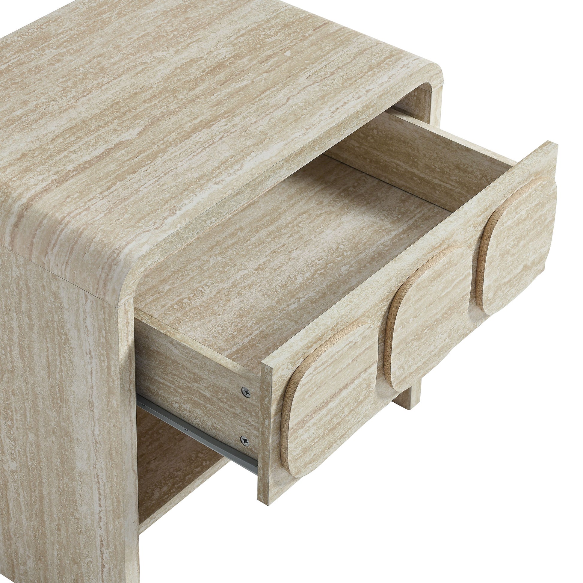 Brown wood grain nightstand with an open shelf and a single drawer.