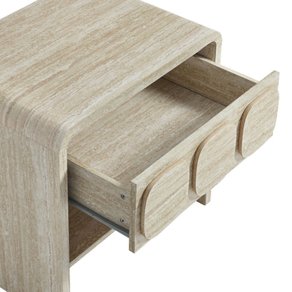 Brown wood grain nightstand with an open shelf and a single drawer.