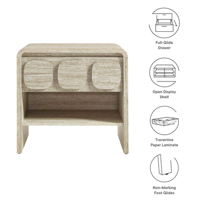 Light travertine laminate nightstand with one rounded-front drawer above an open display shelf.