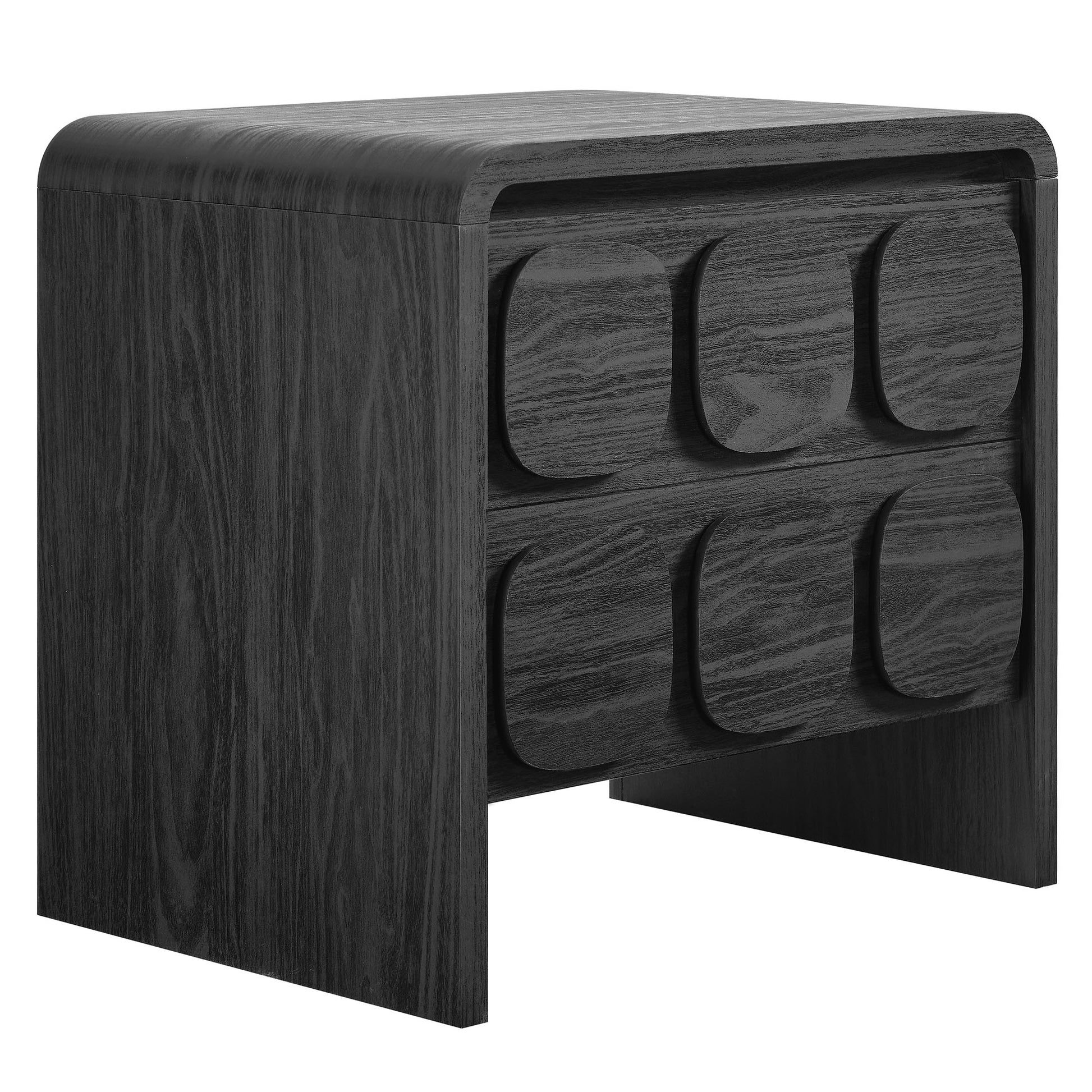 Black 2-drawer nightstand with rounded, recessed pulls in a two-by-two grid.