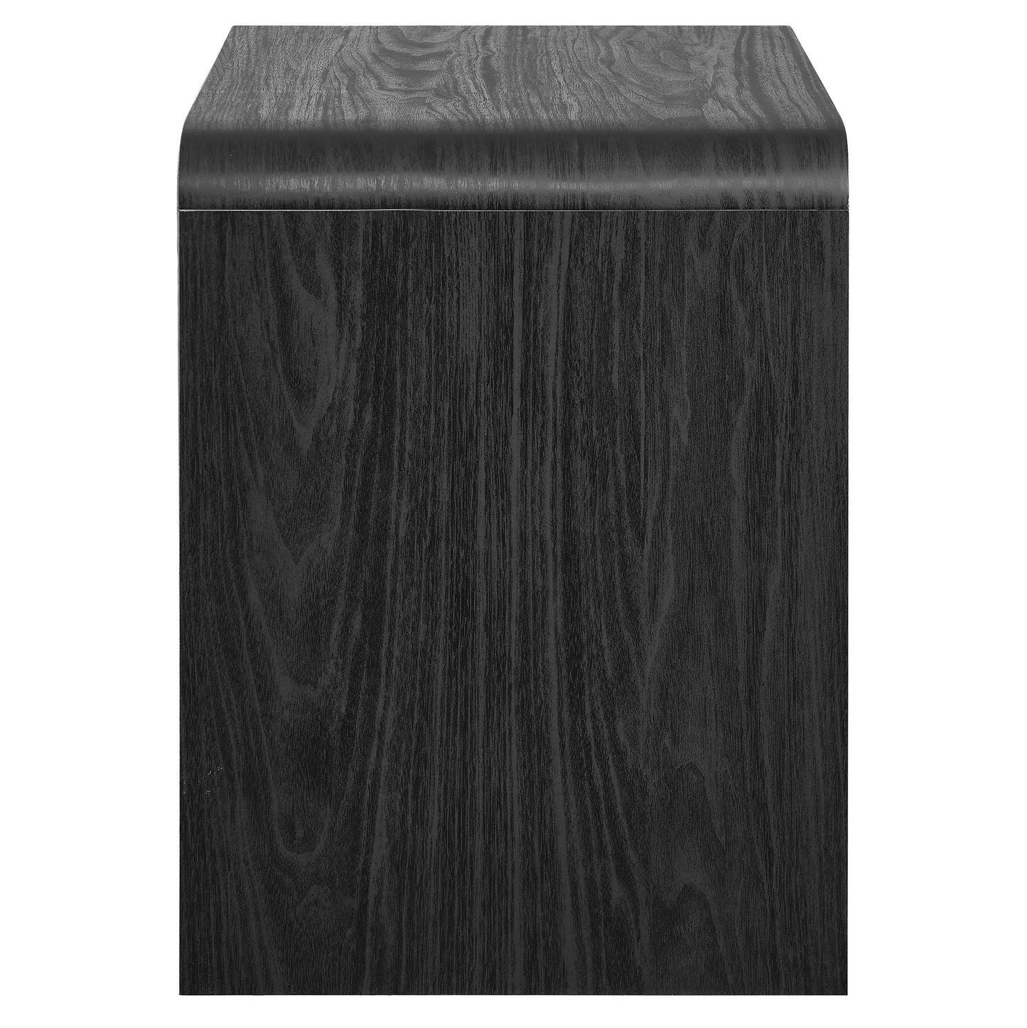 Black woodgrain two-drawer nightstand; modern bedroom storage.