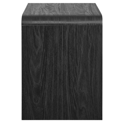 Black woodgrain two-drawer nightstand; modern bedroom storage.