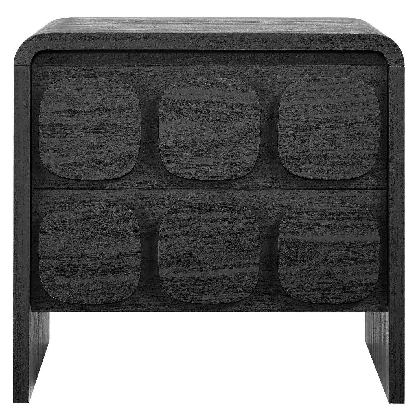 Black wood two-drawer nightstand with rounded-square fronts, mid-century modern style