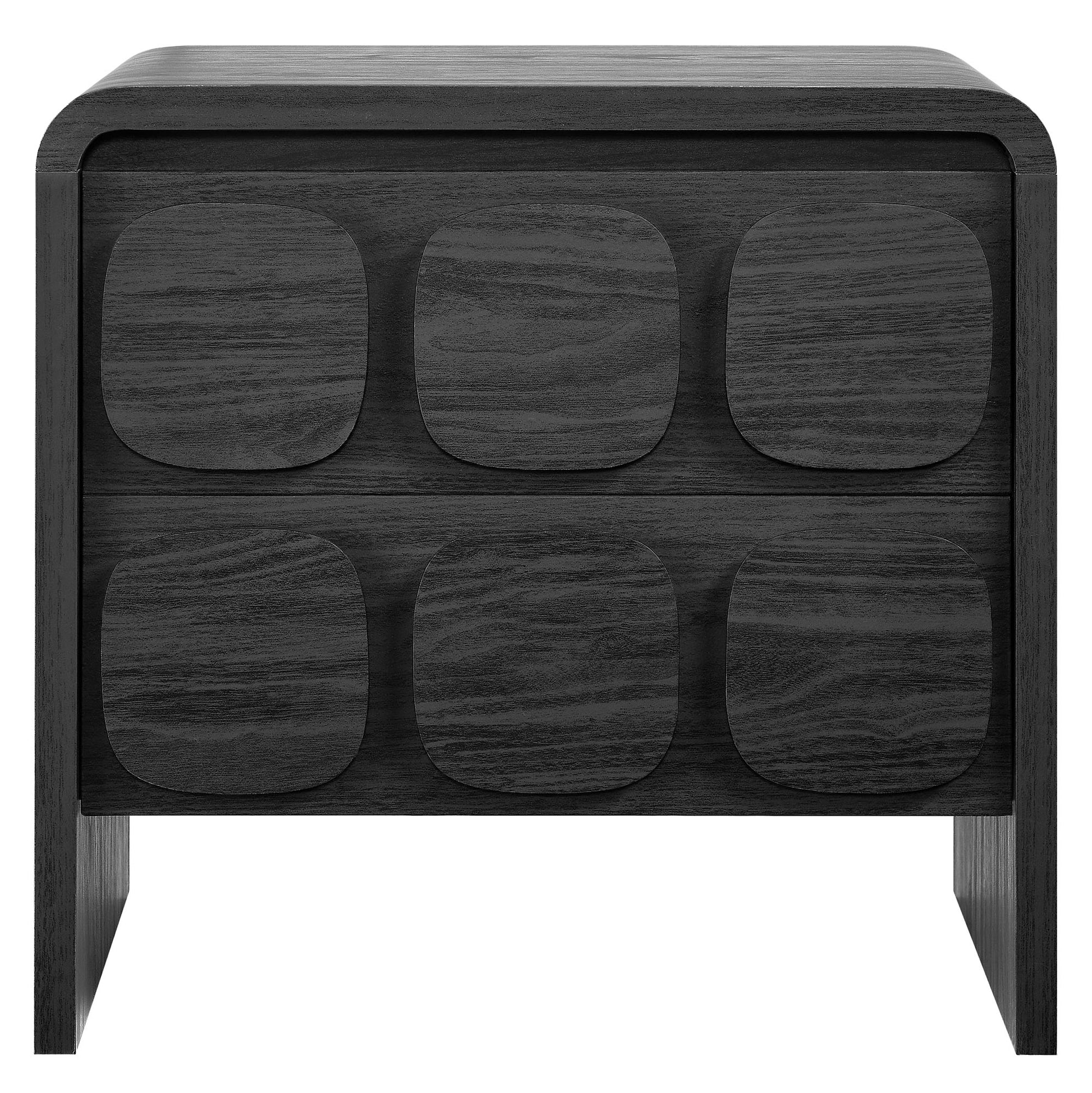 Black wood two-drawer nightstand with rounded-square fronts, mid-century modern style