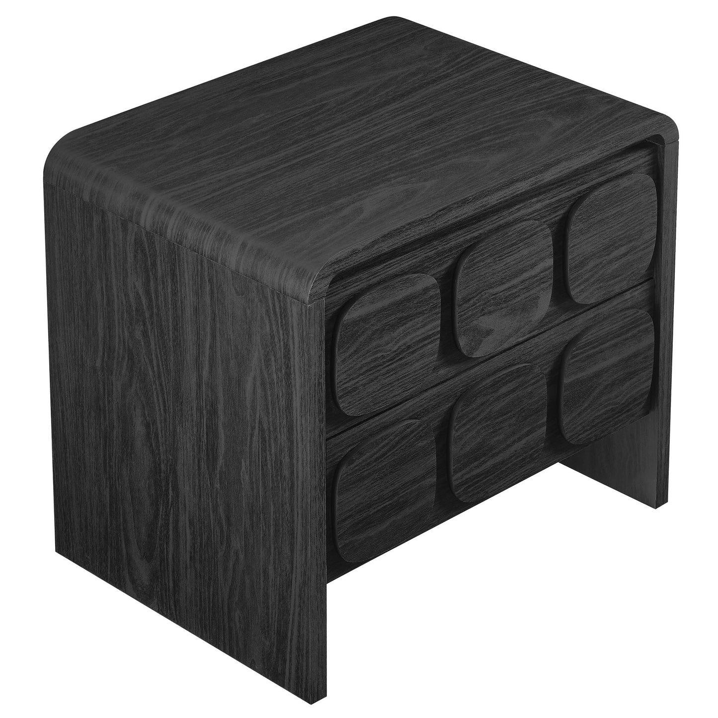 Dark black wood grain nightstand with two rounded-square drawers, modern storage.