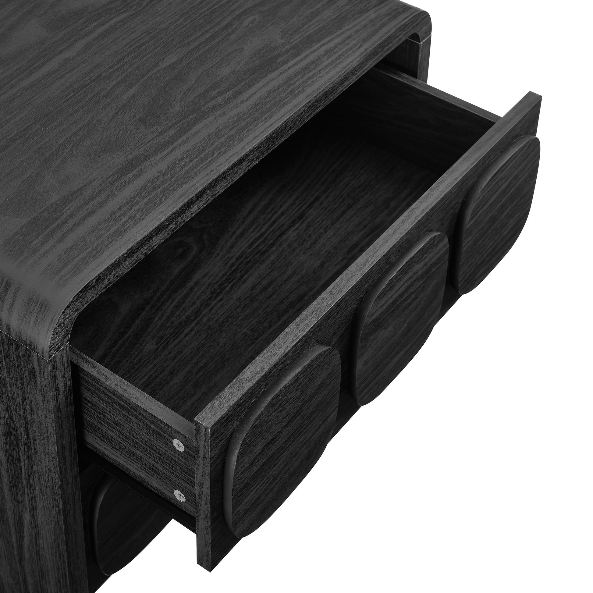 Black wood nightstand with two drawers featuring round fronts and a flat top; modern compact design.