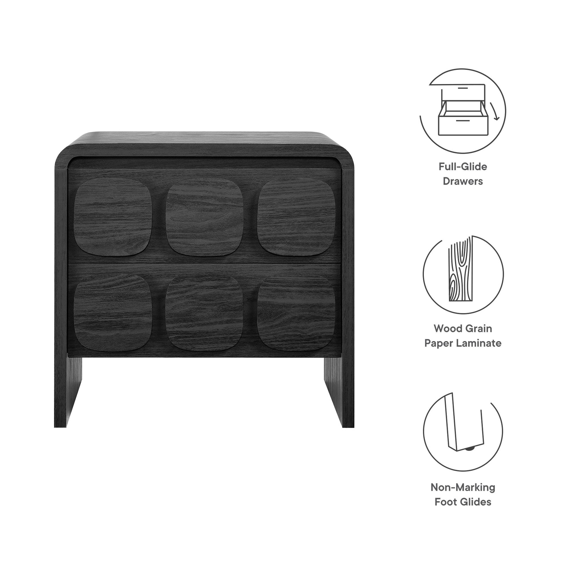 Black two-drawer nightstand with full-extension drawers, wood-grain laminate, non-marking feet.