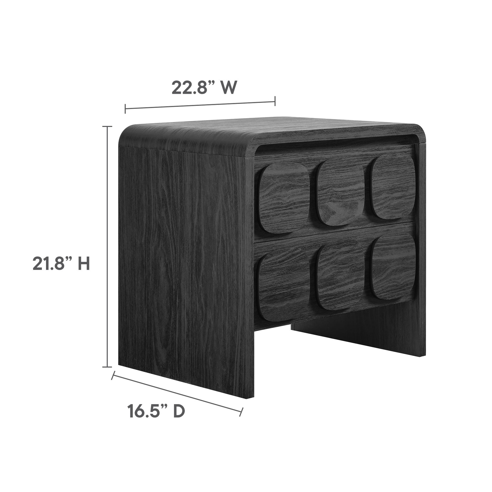 Dark wood end cabinet with six rounded drawer fronts and curved sides; dimensions 22.8W x 21.8H x 16.5D.