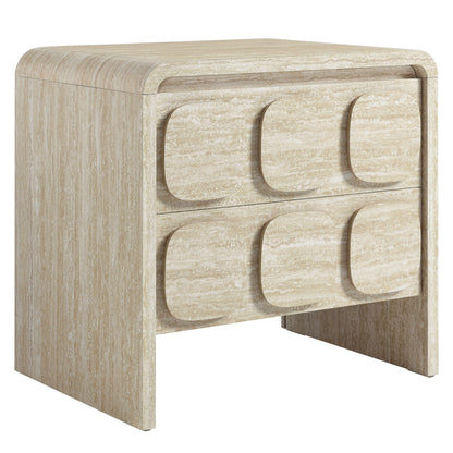 Brown nightstand with two drawers, curved sides and rounded-square drawer fronts; modern minimalist storage.