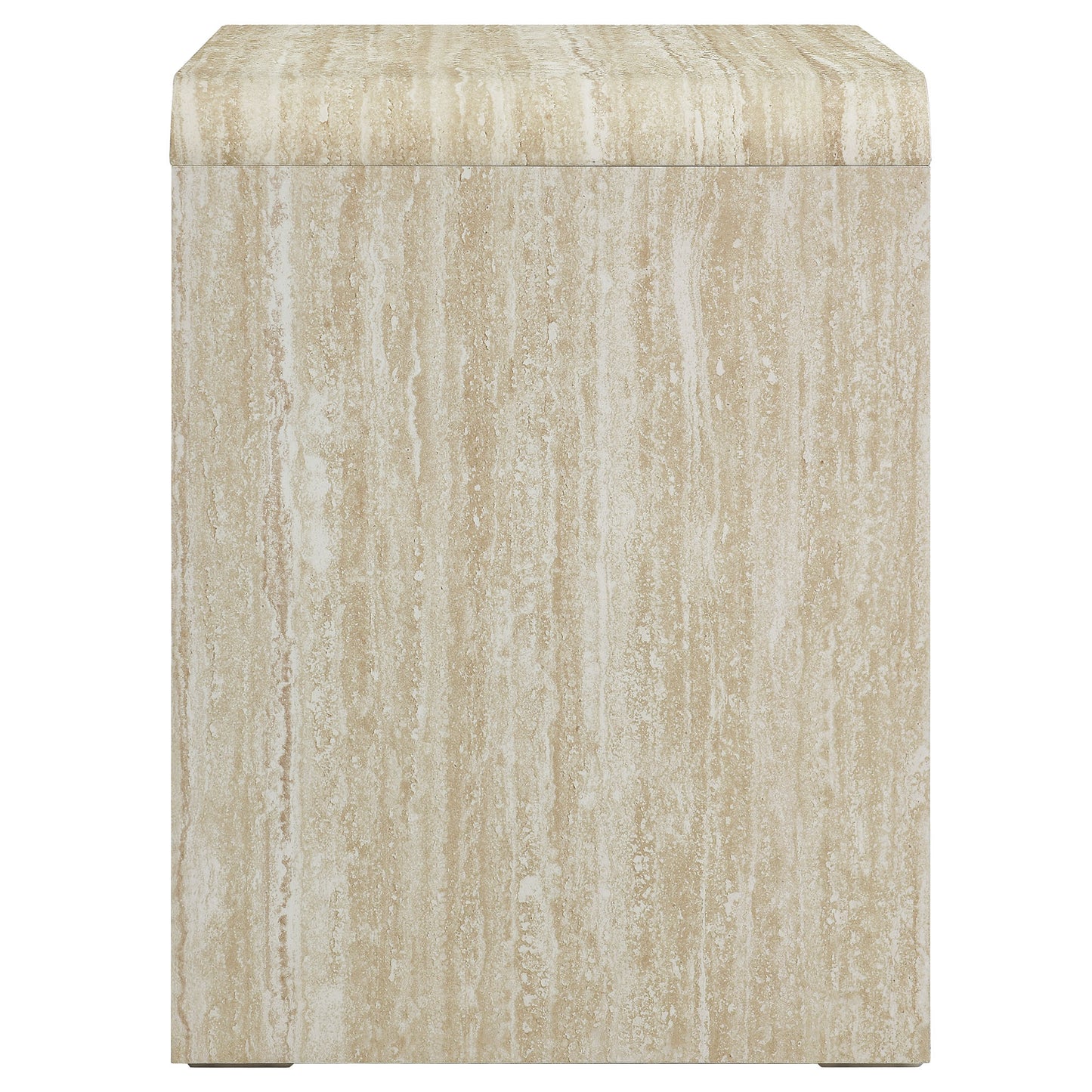 Brown travertine-look rectangular 2-drawer nightstand with flat top.