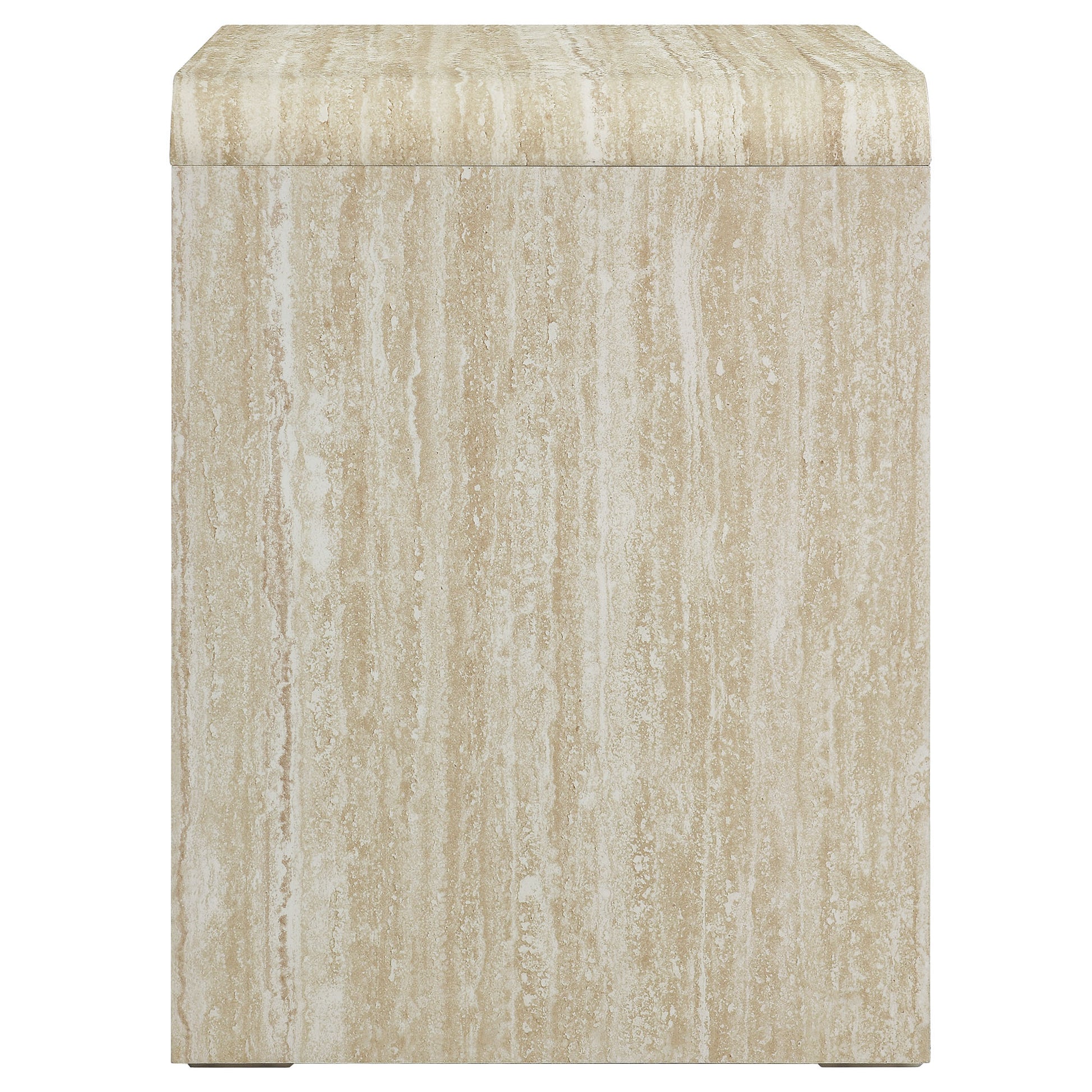 Brown travertine-look rectangular 2-drawer nightstand with flat top.