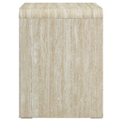 Brown travertine-look rectangular 2-drawer nightstand with flat top.