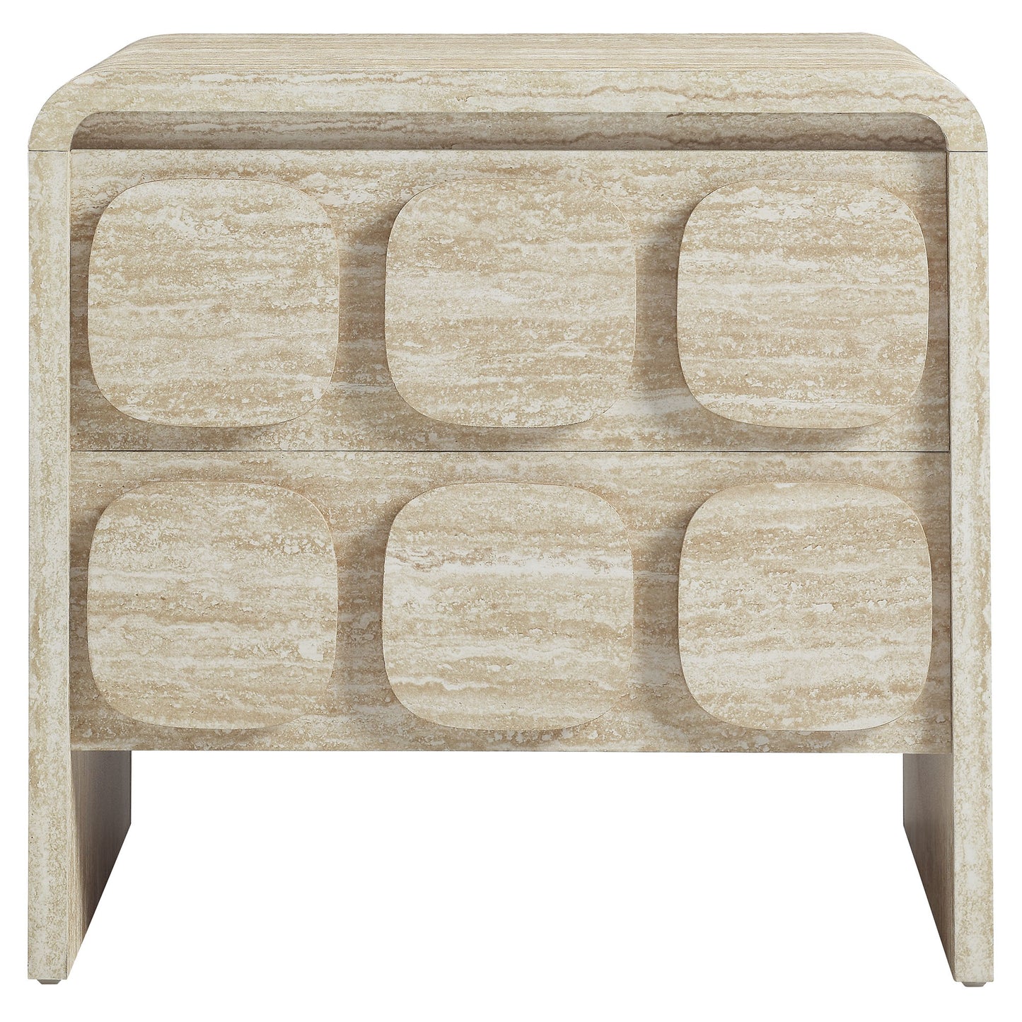 Brown weathered wood two-drawer nightstand with rounded inset drawer fronts; mid-century modern style.