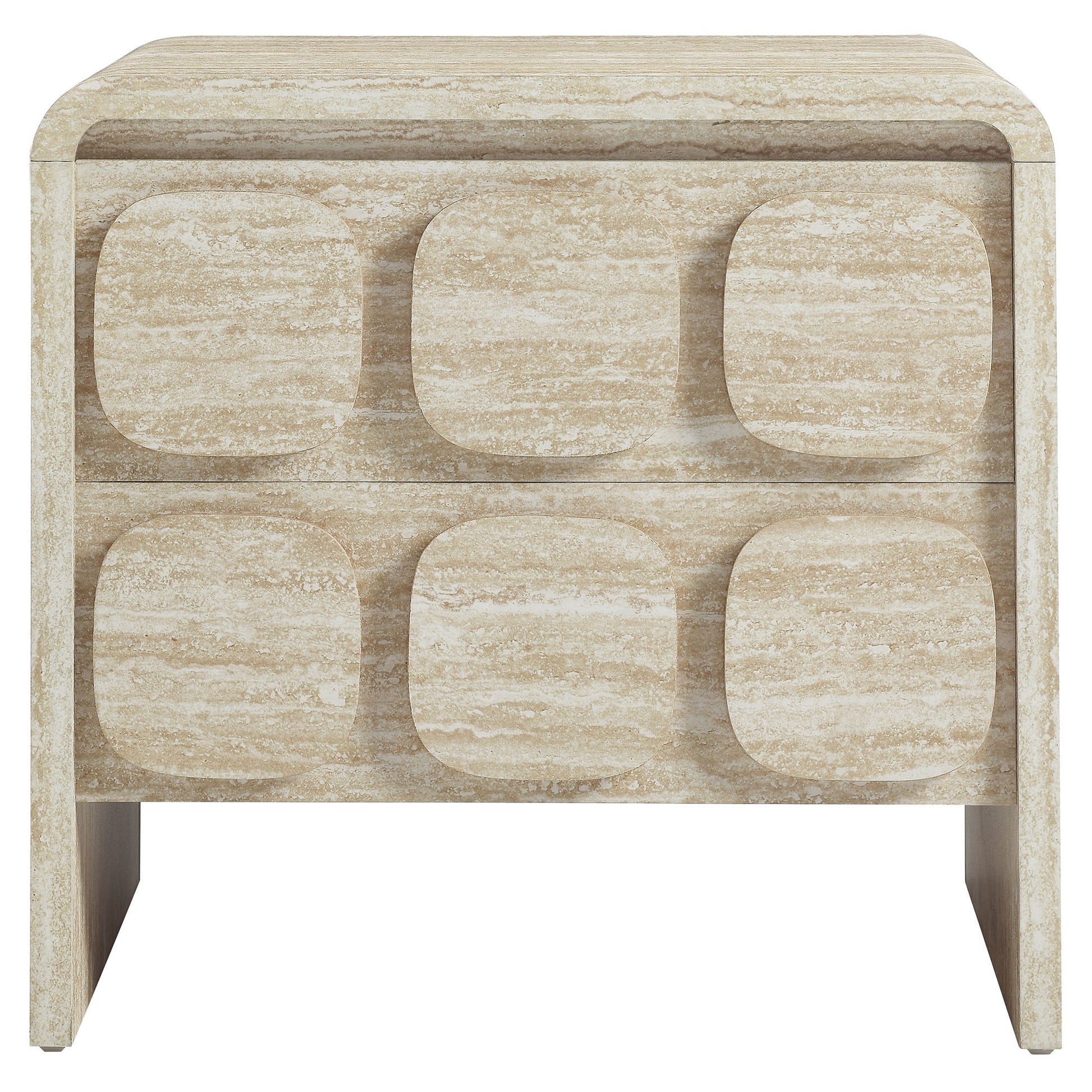 Brown weathered wood two-drawer nightstand with rounded inset drawer fronts; mid-century modern style.