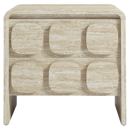Brown weathered wood two-drawer nightstand with rounded inset drawer fronts; mid-century modern style.