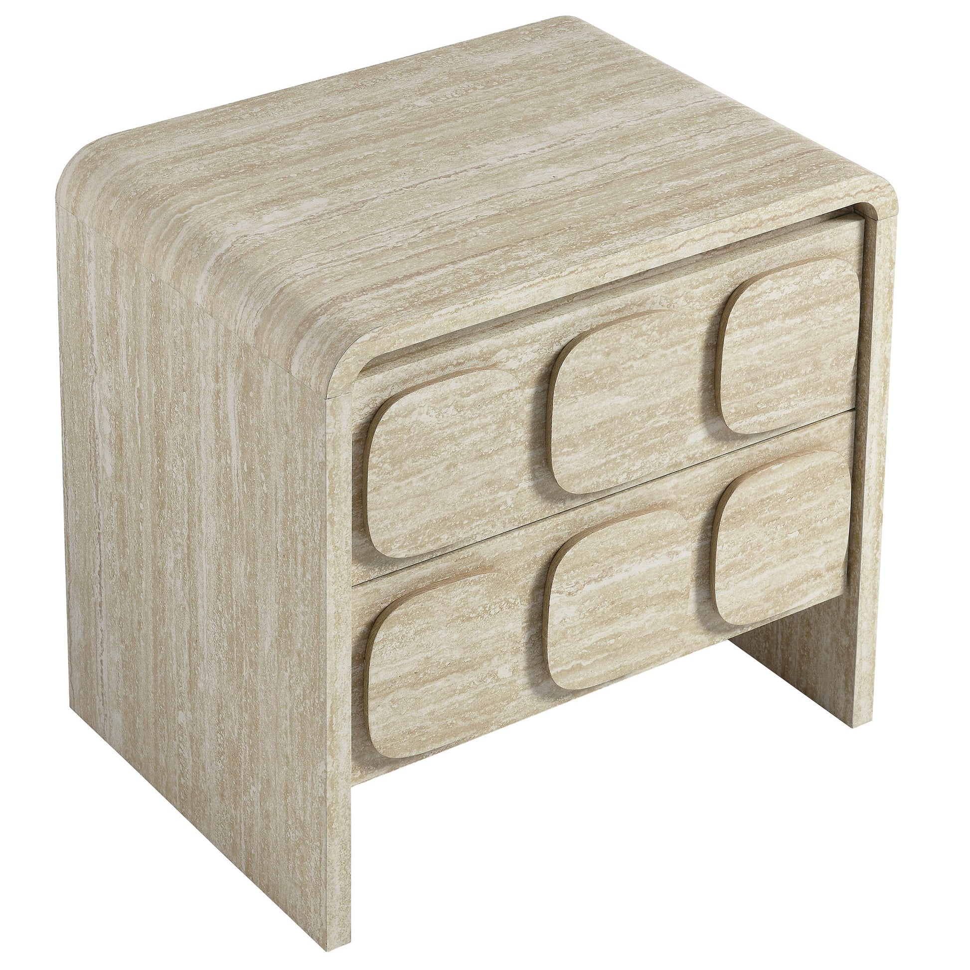 Light oak-toned compact nightstand with two rounded rectangular drawers and curved edges.