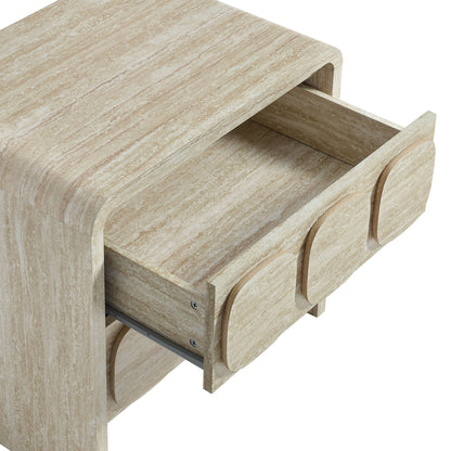 Natural light wood nightstand with two rounded-front drawers and curved side panels.