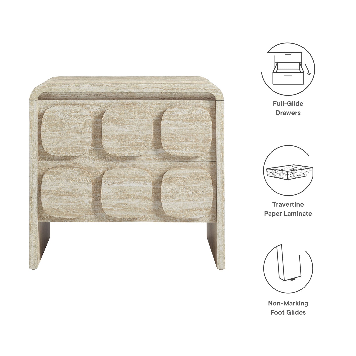 Brown travertine laminate two-drawer nightstand with rounded fronts and curved edges; full-glide drawers, non-marking feet.