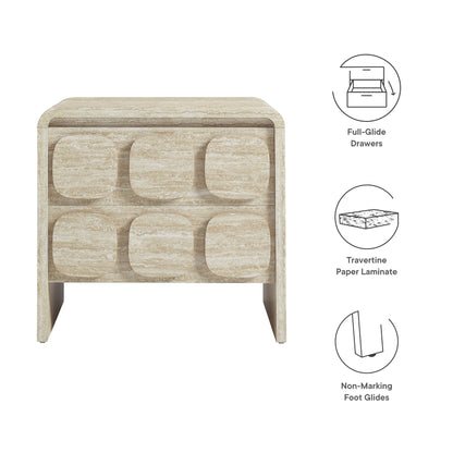 Brown travertine laminate two-drawer nightstand with rounded fronts and curved edges; full-glide drawers, non-marking feet.