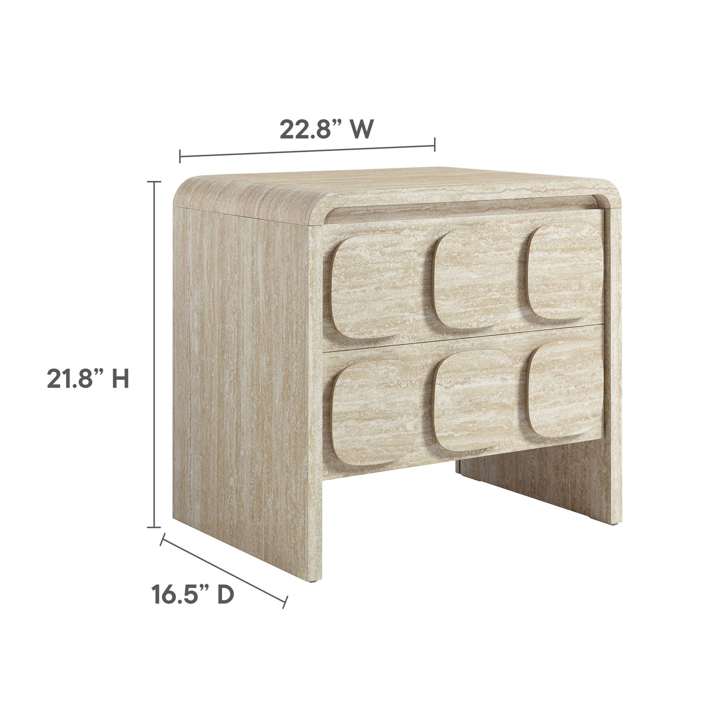 Natural light wood two-drawer nightstand with rounded-front drawers; Toscana-style compact storage.
