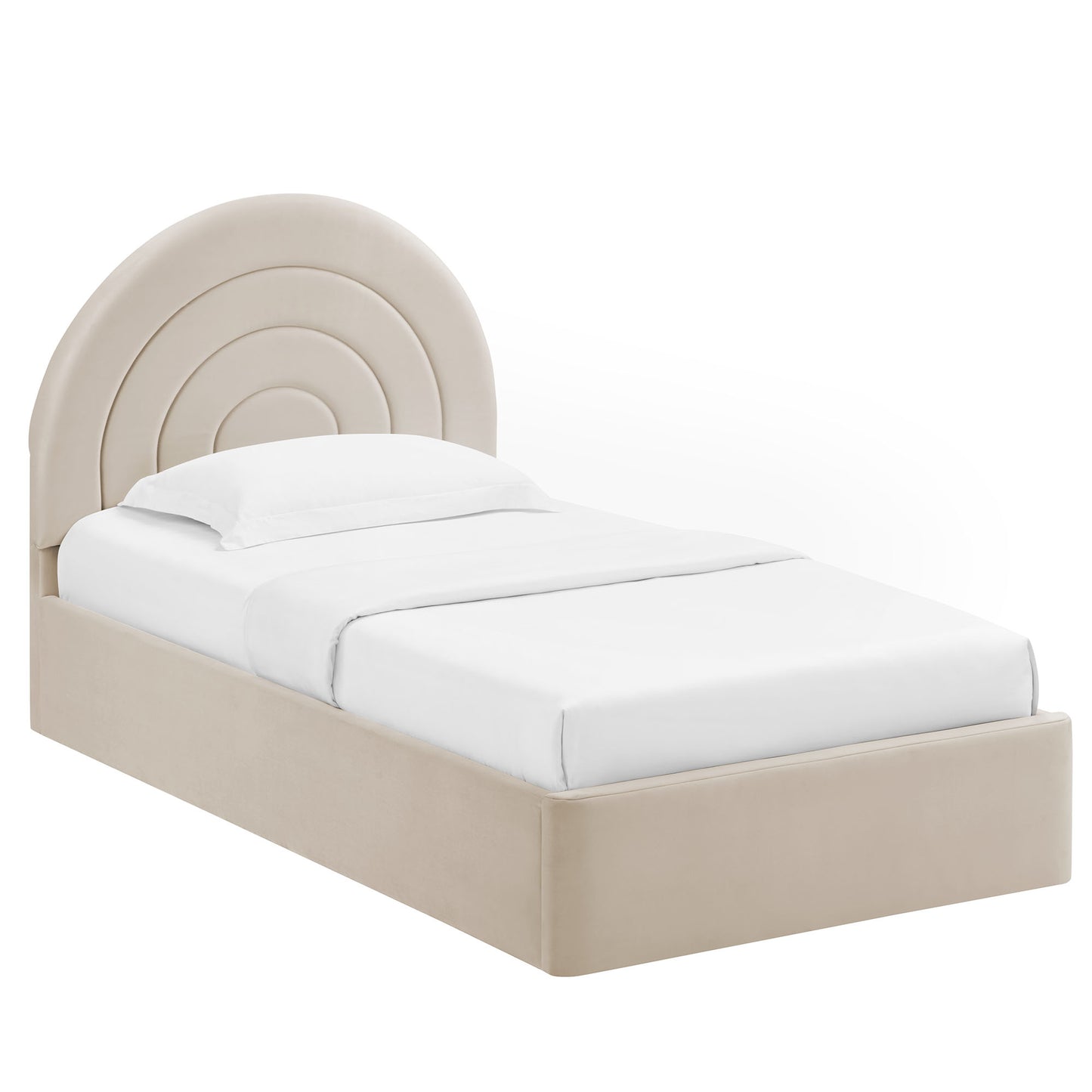 Beige upholstered twin bed with concentric rounded arch headboard, platform base, white linens.