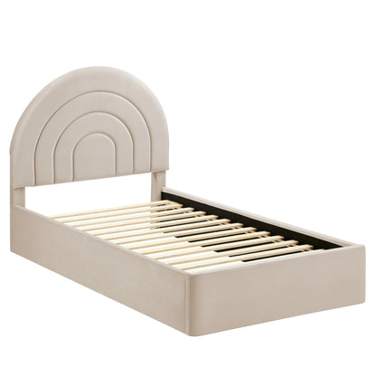 Oatmeal arched velvet twin platform bed with upholstered headboard
