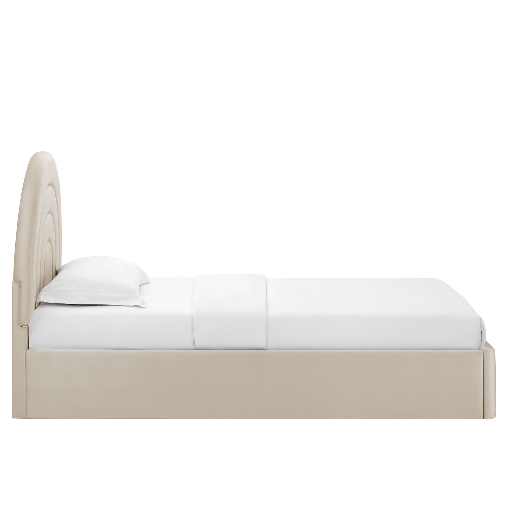 Oatmeal velvet twin platform bed with an arched upholstered headboard and white bedding.