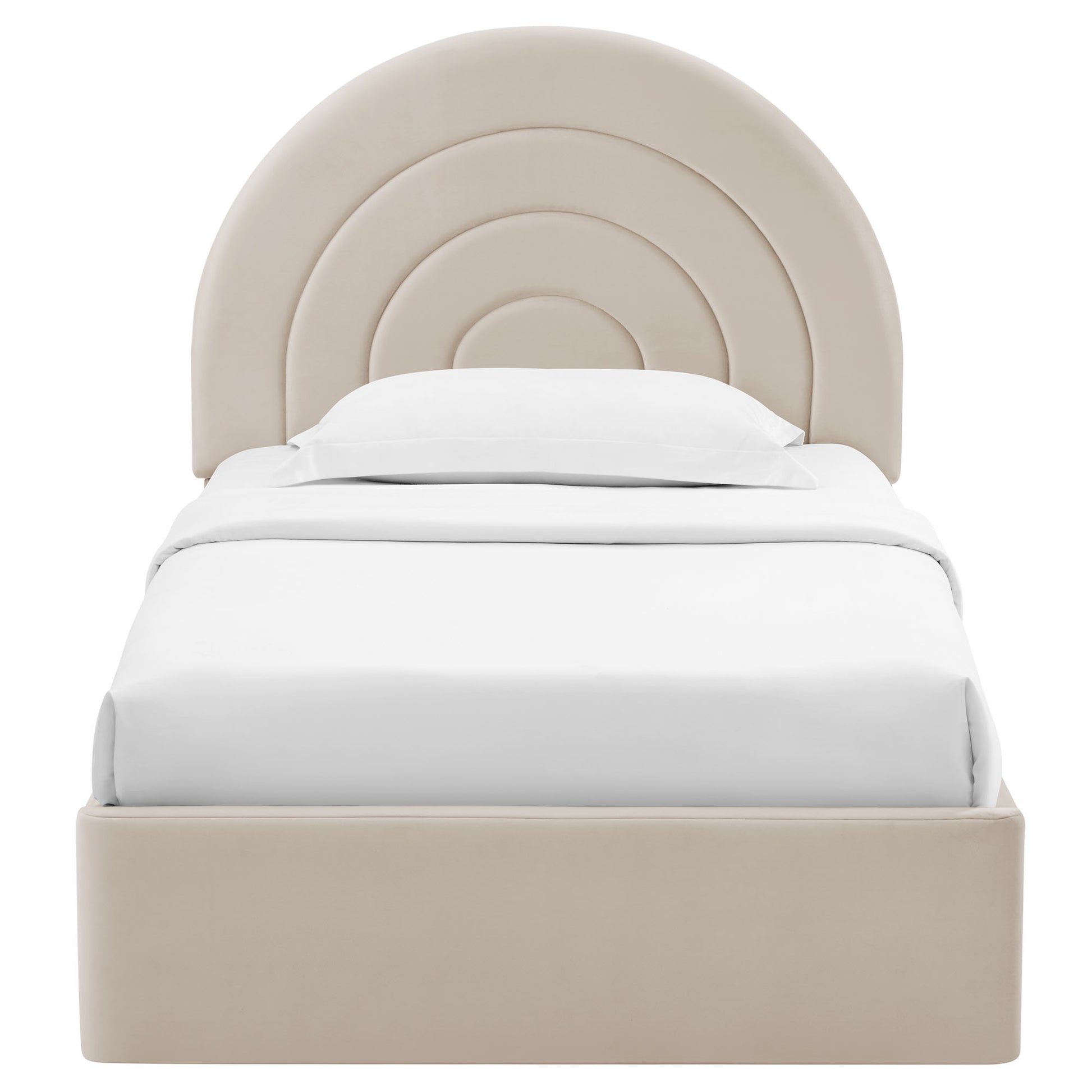 Beige upholstered platform bed with rounded concentric arch headboard and white bedding; modern bedroom centerpiece.
