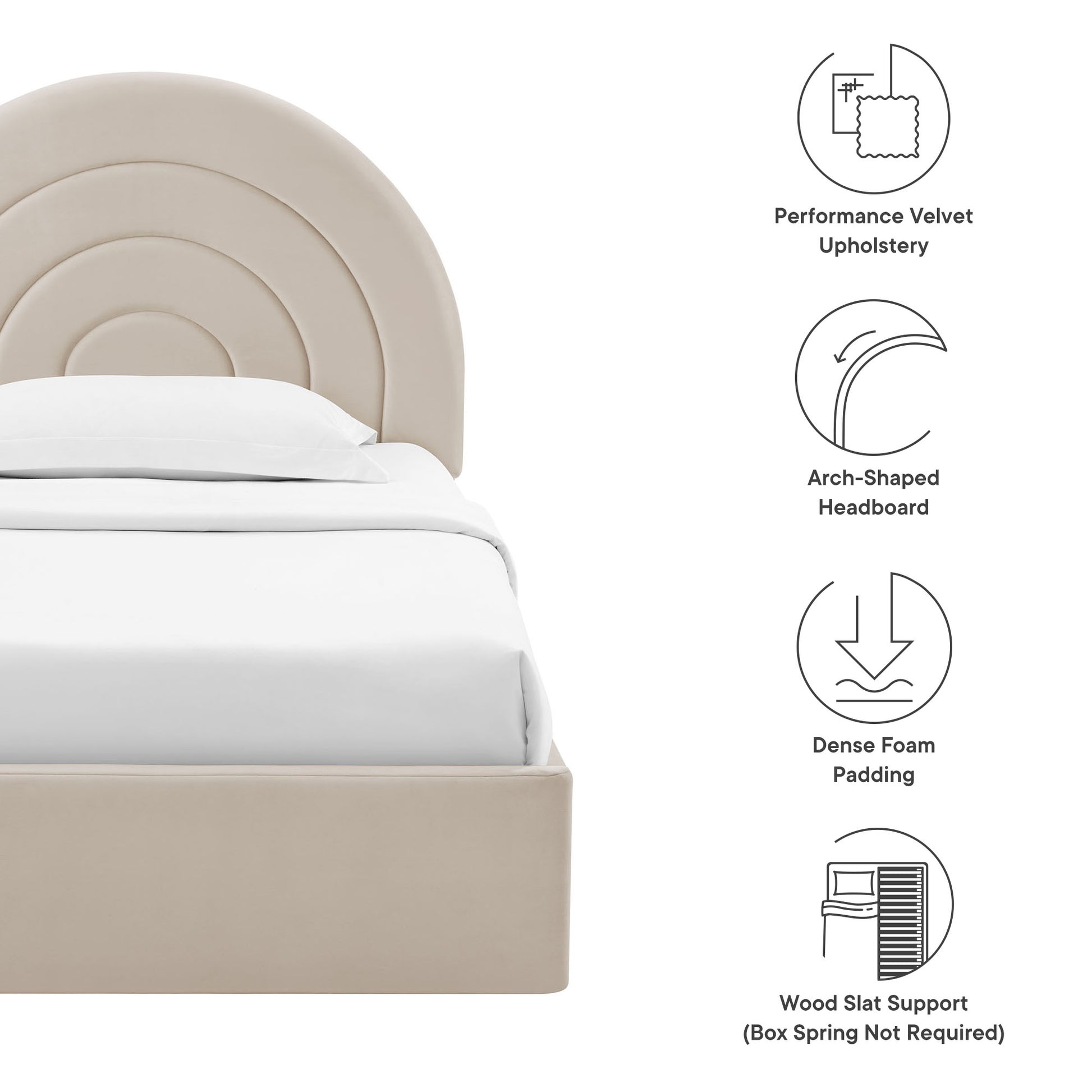 Beige performance velvet upholstered bed with an arch-shaped, concentric headboard and white bedding.