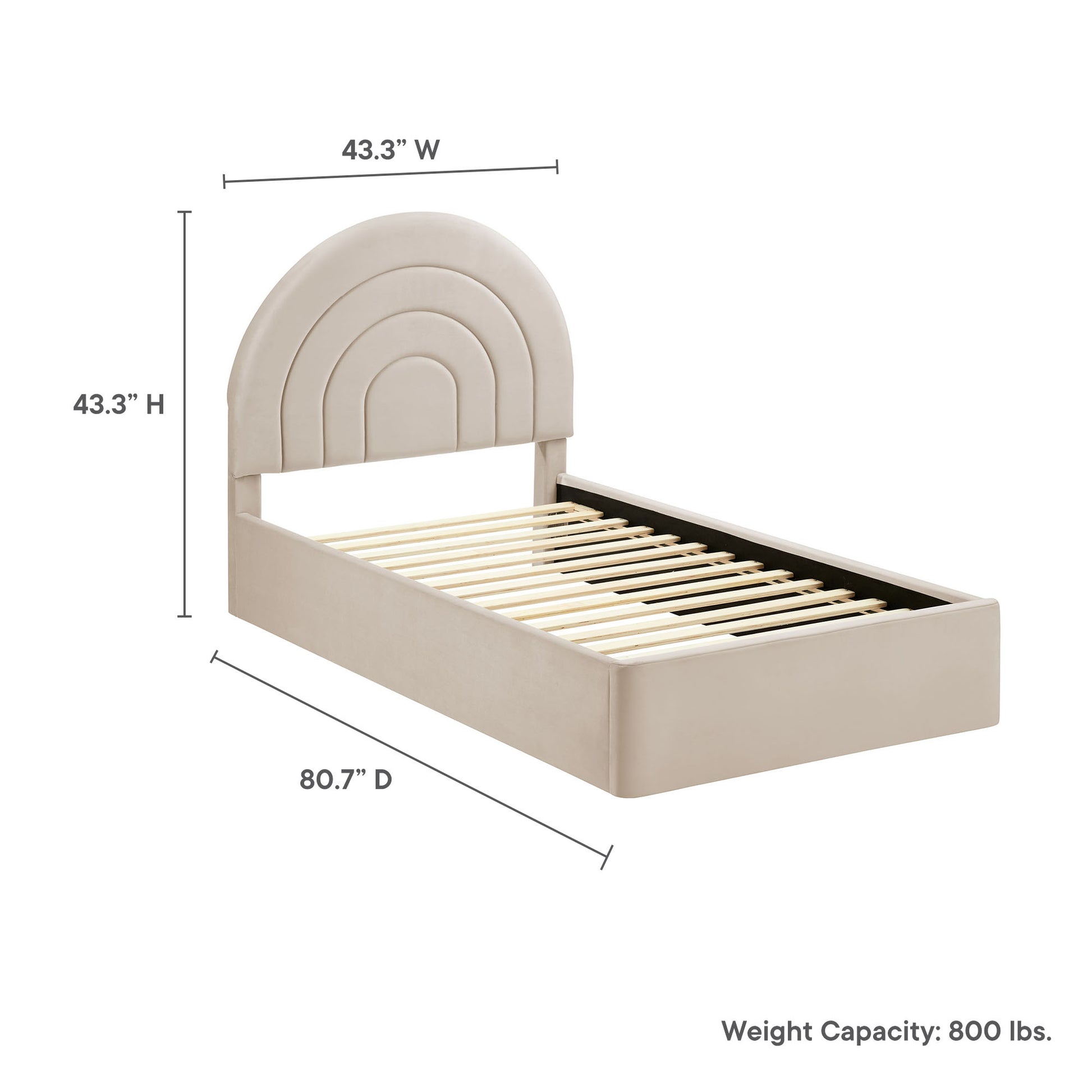 Almond finish bed with arched concentric headboard and slatted platform; 80.7 in D, 43.3 in W/H.