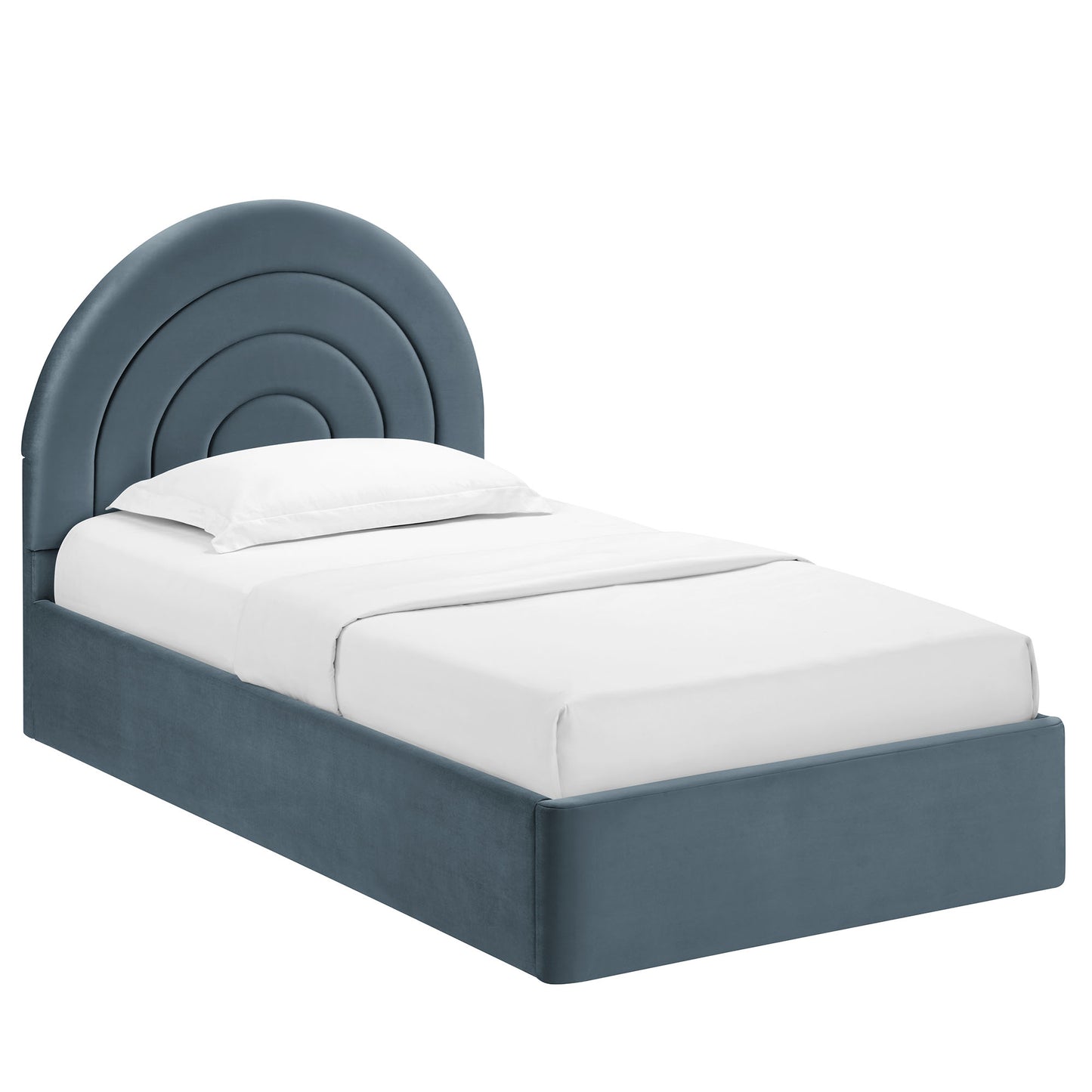 Blue-gray upholstered platform bed with a rounded, concentric arched headboard and white bedding.