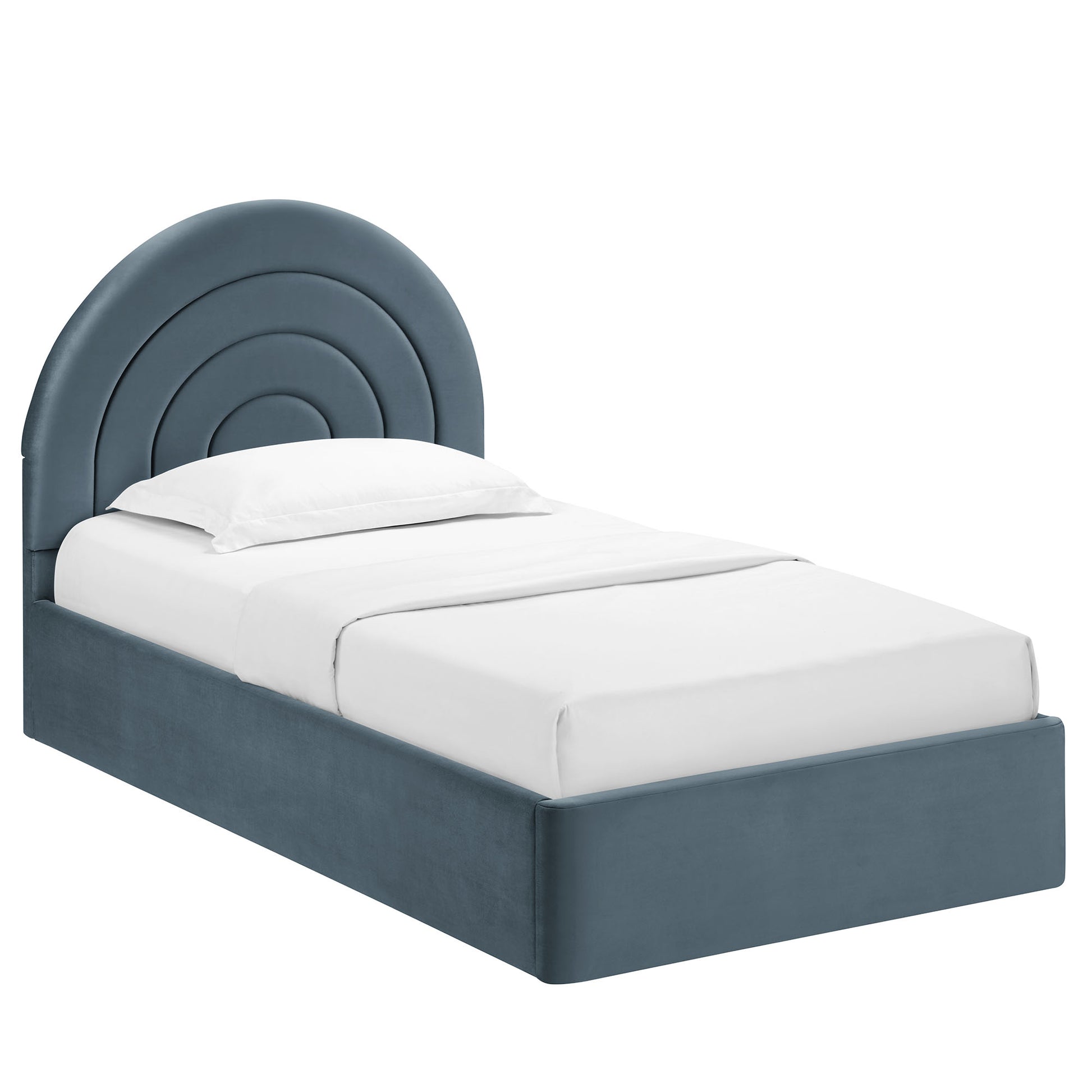Blue-gray upholstered platform bed with a rounded, concentric arched headboard and white bedding.