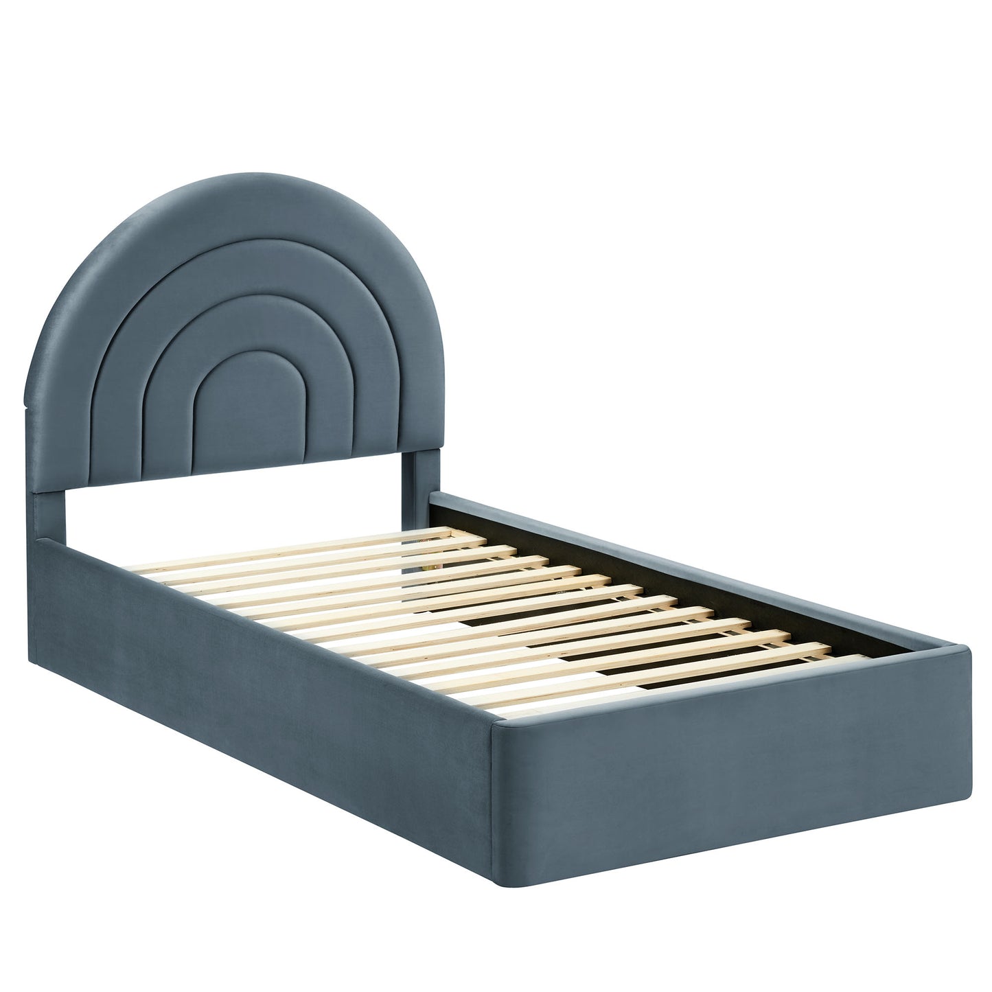 Blue-gray kid's bed frame with a rounded rainbow-style headboard and natural wood slats for mattress support.