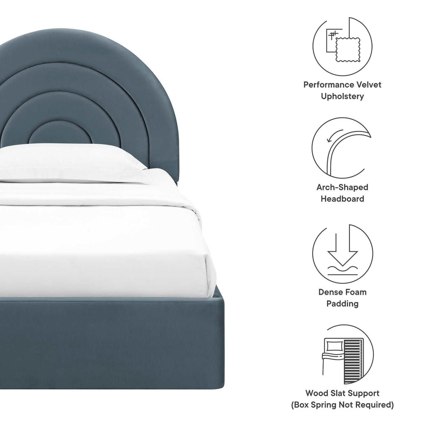 Blue-gray velvet arch-shaped headboard with concentric curves, white bedding, twin platform bed frame.